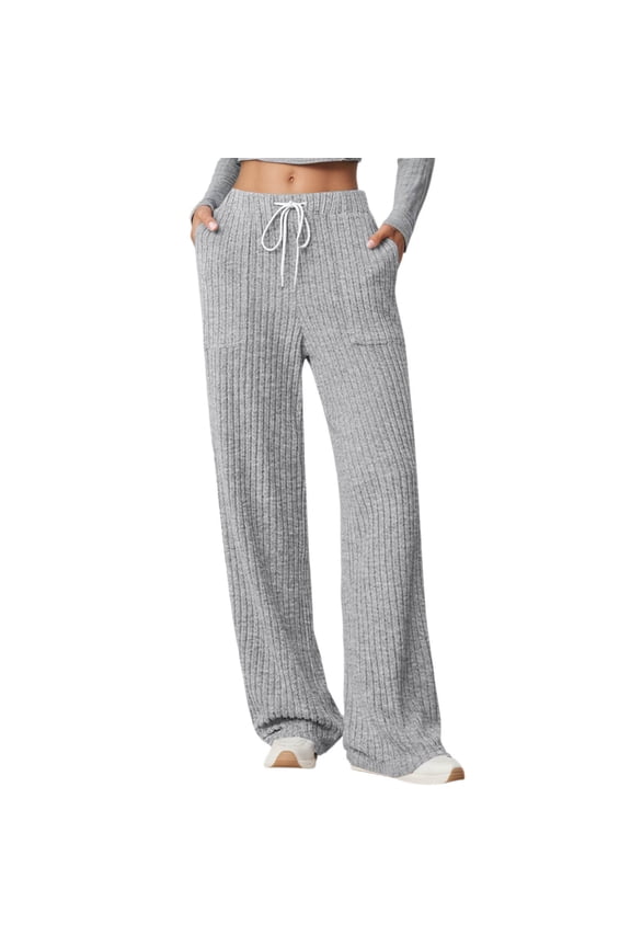 Comfy Pants Women Straight Leg Fall Winter Trousers Elastic Waist Soft Knitted Ribbed Texture High Rise Pocket Pants Soft Outfits Grey L