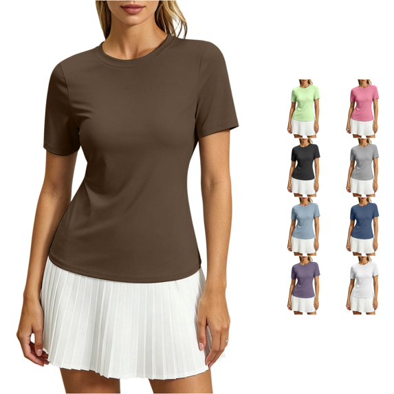 Rhuody Cute Tops For Women Open Back Short Sleeve Tops Loose Fit Athletic Crop Tee Gym Running Yoga Shirt Trend Wear Coffee