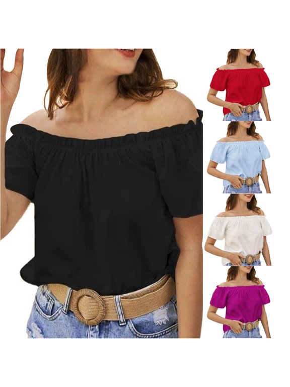 Cute Tops For Women Short Sleeve One-Line Shoulder Solid Color Off-Shoulder Ruffled Edge T-Shirt Simple Wear Black