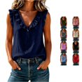 thumbnail image 1 of Rhuody Cute Tops For Women V Neck Tank Tops Summer Loose Fit Solid Color Ruffle Blouse Wear Navy, 1 of 6