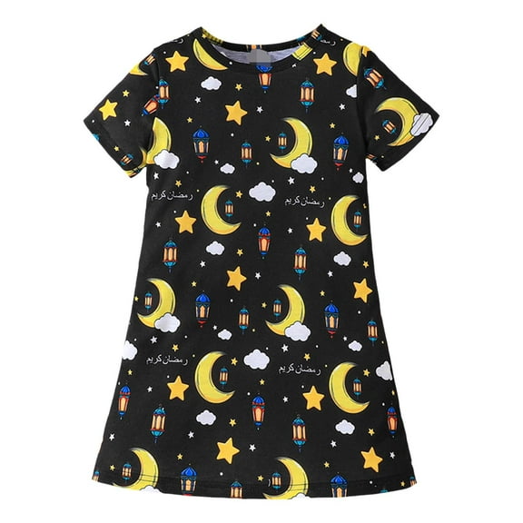 Rhuody Dress For Toddler Girl Spring And Summer Star Short Sleeved Printed Pullover Dress Nightgowns Fashion Girl Clothes 3-4 Years Black