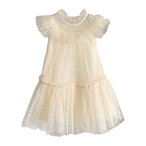 Rhuody Dresses For Girls Round Neck Toddler Fly Sleeve Star Moon Sequin Dress Dance Party Ruffles Sundress Lovely Wear White 3-4 Years