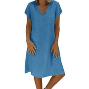 Dresses For Women Crewneck Short Sleeve Summer Style Feminino Vestido T-Shirt Solid Color Ladies Dress Charm Wear M Blue