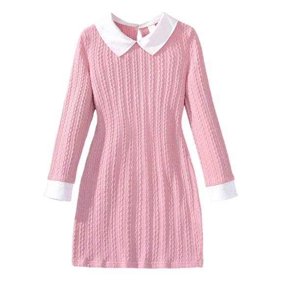 Rhuody Dresses For Girls Dresses Long Sleeve Ribbed Fabric Dress With Notched Collar And Back Button For School Party Outfit Retro Basic Girl Clothes Pink 8-9 Years
