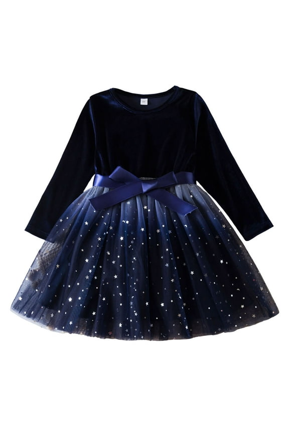 Dresses For Girls Long Sleeve Dress With Bow Tie Gradient Star Print Party Gown Formal Occasion Outfit Adorable Simple Style Girl Clothes Blue 2-3 Years