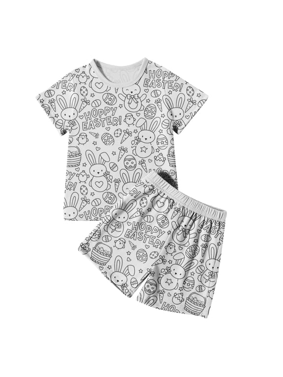 Easter Outfits For Boys Round neck Sleepwear Kids Boys Girls Bunny Printed Short Sleeve T Shirt Top And Shorts Pants Set DIY Pajama Set Comfortable Summer Clothes 6-7 Years White