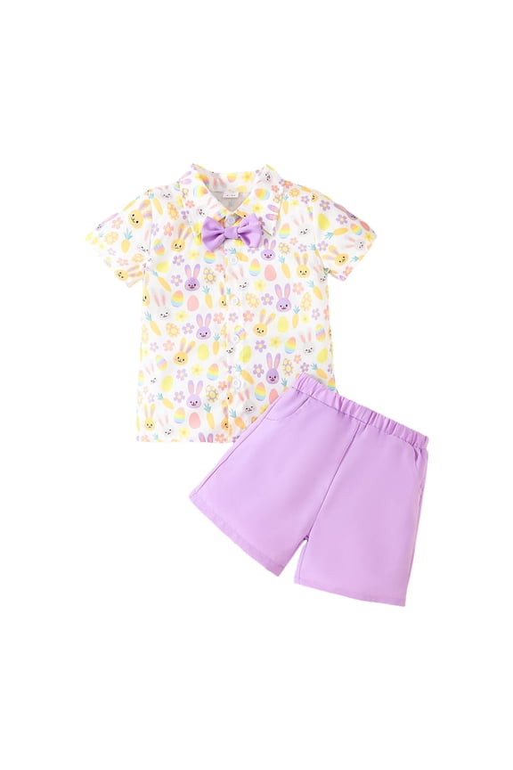 Easter Outfits For Boys Short Sleeve Gentlemans Suit Child Kids Button Down Cartoon Rabbit Prints Tops Shorts Adorable Springs Wear Purple 1-2 Years