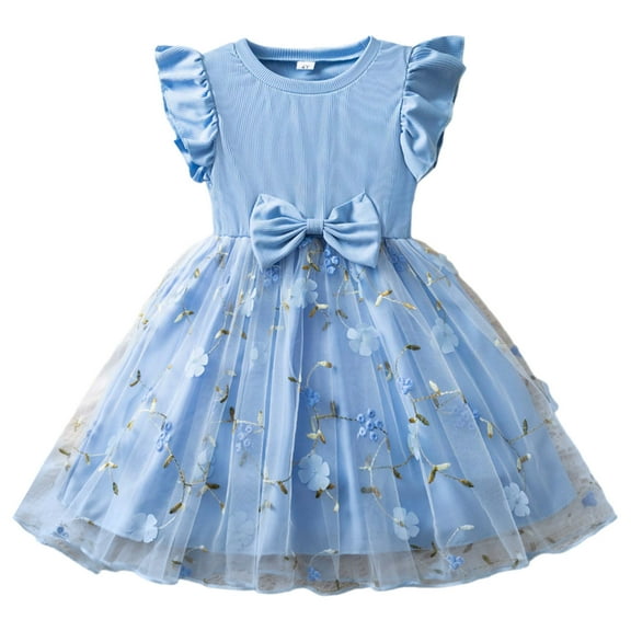 Rhuody Fall Dresses For Girls Floral Embroidered Dress With Bow Detail And Flutter Sleeves Party Wear Casual Basic Girl Clothes Blue 3-4 Years