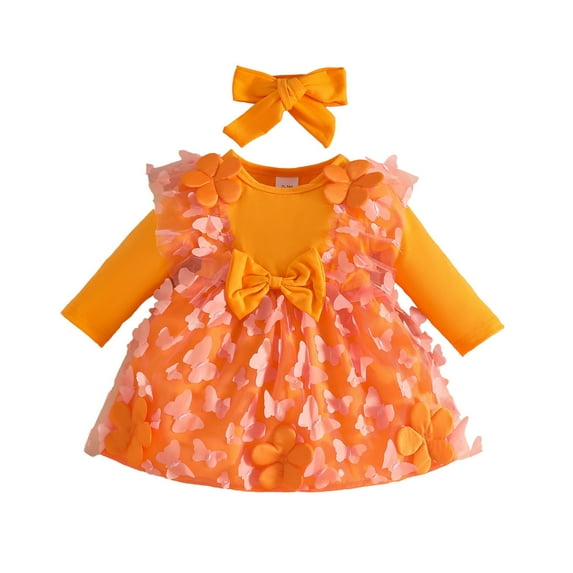 Rhuody Fall Dresses For Girls Long Sleeve Floral Dress Solid Color Crewneck Holiday Party Outfits Dance Party Dress Headbands Set Sweet Classic Girl Clothes Orange 0-3 Months