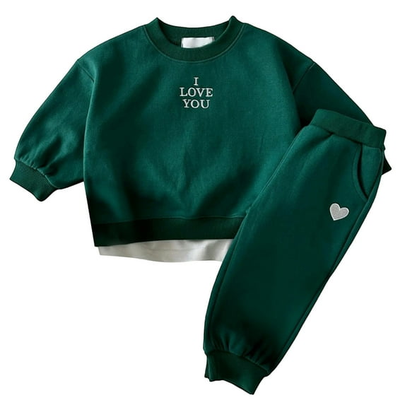 Rhuody Fall Outfits For Boys Letter Embroidered And Heart Hoodie And Pants Two Piece Kids Long Sleeve Tracksuit Simple Style Playsuit Green 12-18 Months