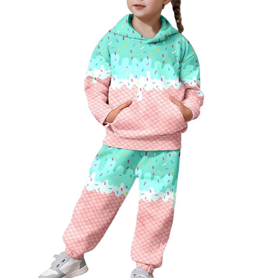 Rhuody Fall Outfits For Girls Ice Cream Print Hooded Long Sleeve Top And Pants Athletic Hoodie Sweatshirt And Active Jogger Sweatpants Green 12-13 Years