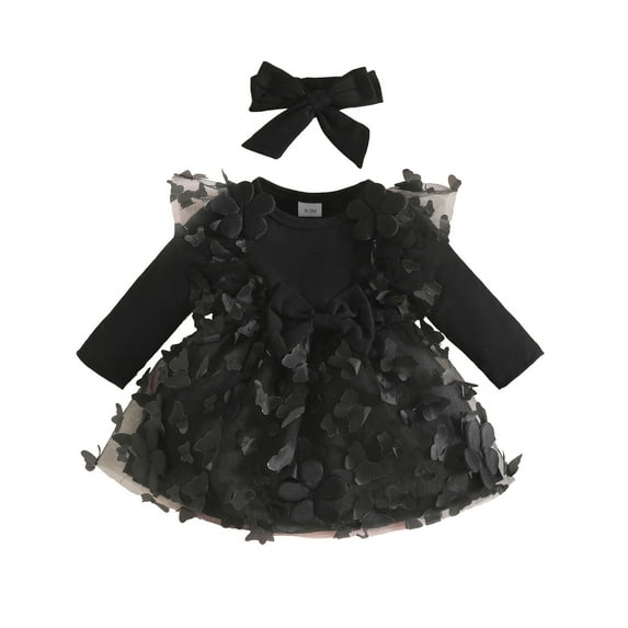 Rhuody Flower Girl Dress Long Sleeve Floral Dress Solid Color Crewneck Holiday Party Outfits Dance Party Dress Headbands Set Lovely Classic Girl Clothes Black 6-12 Months