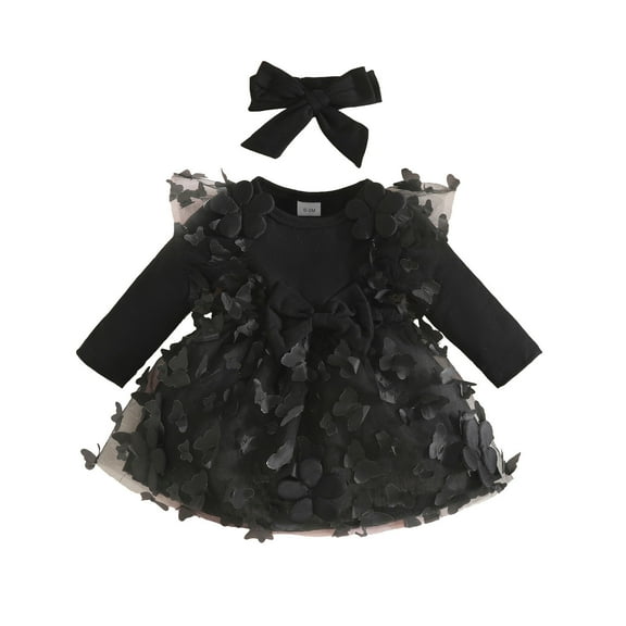 Rhuody Flower Girl Dress Long Sleeve Floral Dress Solid Color Crewneck Holiday Party Outfits Dance Party Dress Headbands Set Lovely Classic Girl Clothes Black 6-12 Months