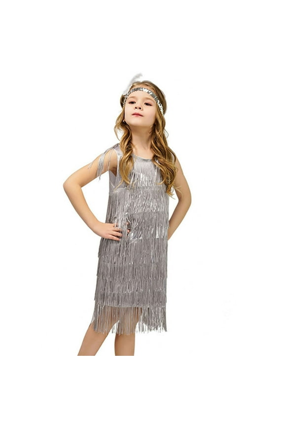 Flower Girl Dress Sleeveless Flapper Dress Sequins Fringe Latin Dance Dress Tassel Tango Dress Ballroom Outfits With Headband Casual Simple Style Daily Wear Grey 4-6 Years