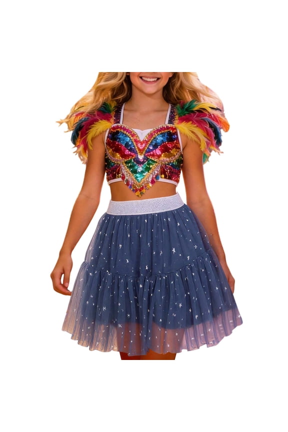 Flower Girl Dresses Elastic Waist Dance Party Embroider Sequin Skirt Flowy Ballet Skirts Cute Wear Blue 2-3 Years