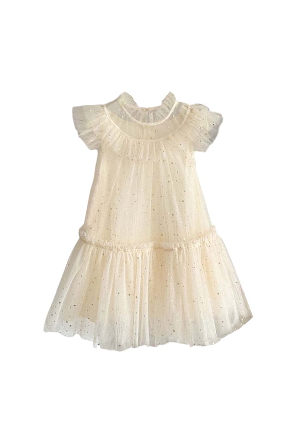 Flower Girl Dresses Round Neck Toddler Fly Sleeve Star Moon Sequin Dress Dance Party Ruffles Sundress Trend Wear White 12-18 Months