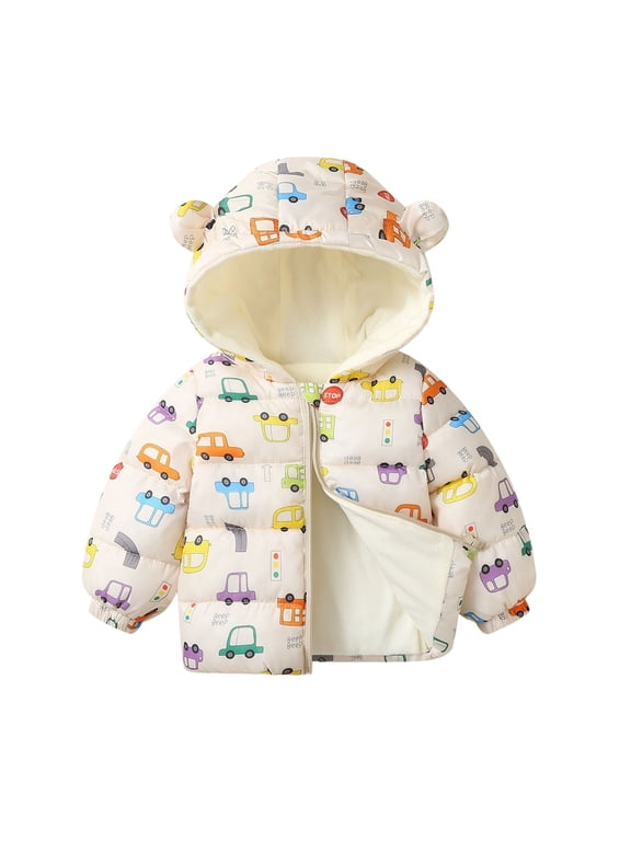Girl Coats 3-4 Years Winter Coat Animal Go Kart Print Thickened Warm Jacket Kids Outerwear Long Sleeve Tops Lovely Outerwear Beige