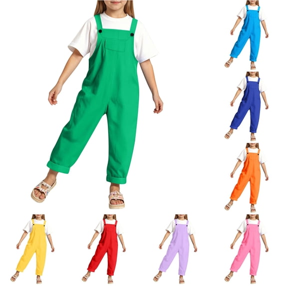 Rhuody Girl Onesies Summer Round Neck Sleeveless Solid Color Suspenders Jumpsuit 4-5 Years Green
