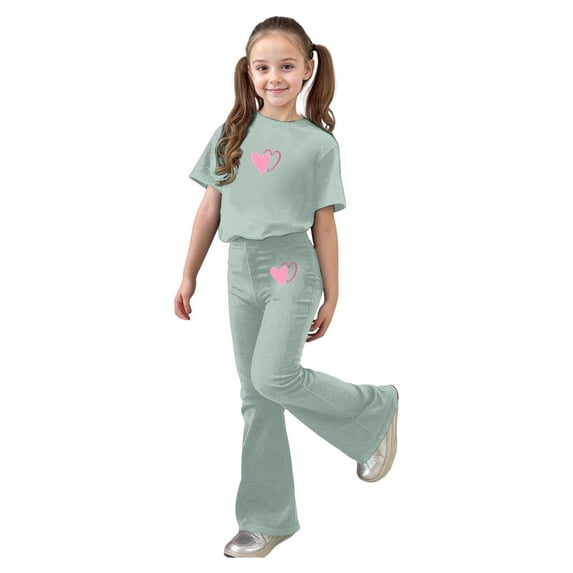 Rhuody Girl Outfits Crewneck Joggersuit Short Sleeve Solid Color Top Flared Pants Basic Wear Light Green 7-8 Years