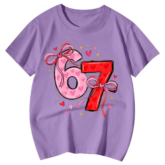 Rhuody Girl Spring T Shirts Short Sleeve Blouse Crewneck Cartoon Graphic Relax Fitt Shirt Leisure Tops Adorable Basic clothes Purple 10-11 Years