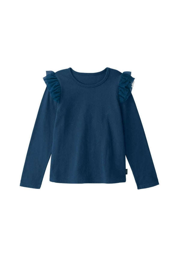 Girl Spring Tops Fly Sleeve Tops Long Sleeve Tees Solid Color Round Neck Blouse Casual Wear Navy 3-4 Years