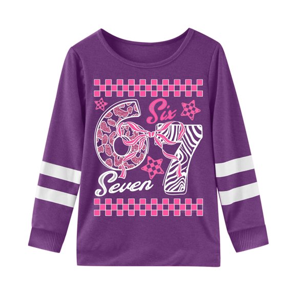 Rhuody Girl Summer T Shirts Crewneck Blouse Long Sleeve Cartoon Graphic Relax Fitt Shirt Simple Style Tops Relax Fit Basic clothes Purple 3-4 Years