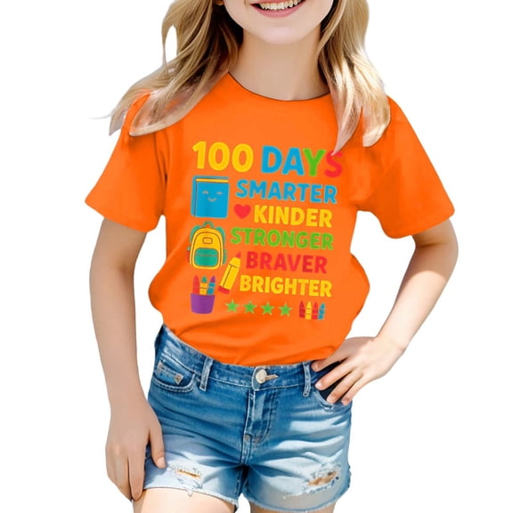 Rhuody Girl Summer T Shirts Short Sleeve Blouse Cartoon Prints Crewneck T Shirt Simple Style Tops Relax Fit Basic clothes Orange 10-11 Years