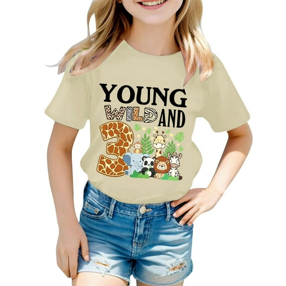 Rhuody Girl T Shirt Round Neck Tee Short Sleeve Tops Letter Graphic Shirt Basic Wear Beige 0-1 Years