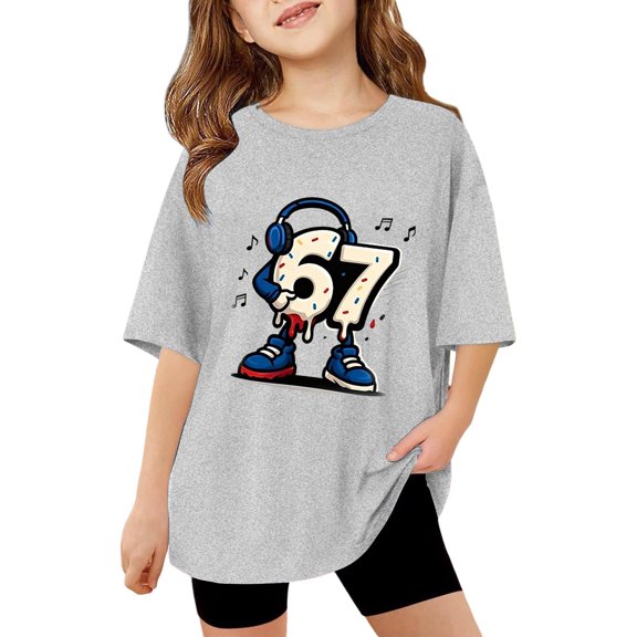 Rhuody Girl T Shirts O Neck Blouse Cartoon Graphic Simple Style T Shirt Short Sleeve Leisure Tops Classic Simple clothes Light Gray 13-14 Years
