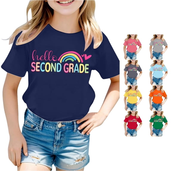 Rhuody Girl Tops Back To School Short Sleeve O Neck Cartoon Letter Prints Tee 6-7 Years Dark Blue