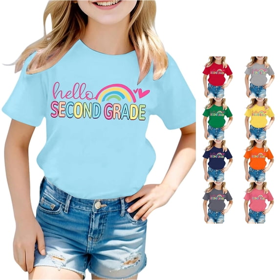 Rhuody Girl Tops Back To School Short Sleeve O Neck Cartoon Letter Prints Tee 8-9 Years Light Blue