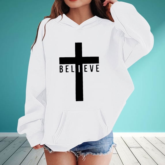 Rhuody Girl Winter Sweatshirts Long Sleeve Crewneck Graphic Prints Pullover Hoodies With Pockets Fashion Infant Wear 12-13 Years White