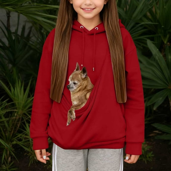 Rhuody Girls Cat Pouch Sweatshirt Puppies Cats Shoulder Straps Pockets Long Sleeve Fall Winter Solid Color Hooded Sweatshirts Cat Dog Pouch Hoodie Fashion Tops 5-6 Years Red