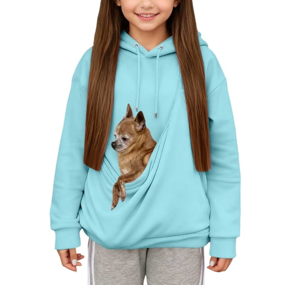 Rhuody Girls Cat Pouch Sweatshirt Puppies Cats Shoulder Straps Pockets Long Sleeve Fall Winter Solid Color Hooded Sweatshirts Cat Dog Pouch Hoodie Fashion Shirt 13-14 Years Sky Blue
