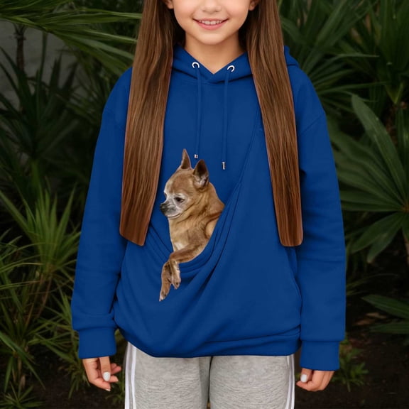Rhuody Girls Cat Pouch Sweatshirt Puppies Cats Shoulder Straps Pockets Long Sleeve Fall Winter Solid Color Hooded Sweatshirts Cat Dog Pouch Hoodie Loose Tops 11-12 Years Blue