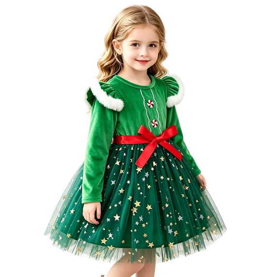 Rhuody Girls Christmas Dress Xmas Long Sleeve Dresses Party Dance Kids Xmas Dress Simple Wear