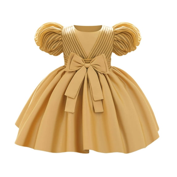 Rhuody Girls Dress Crewneck Satin Bow Dress Solid Color Baby Christening Birthday Party Gown Sleeveless Sundress Cute Playsuit Yellow 18-24 Months