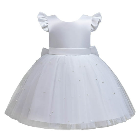 Rhuody Girls' Dresses Fly Sleeve Dresses Pearl Decoration Solid Color Bowknot Dress Toddler Adorable Back To School Outfits White 2-3 Years