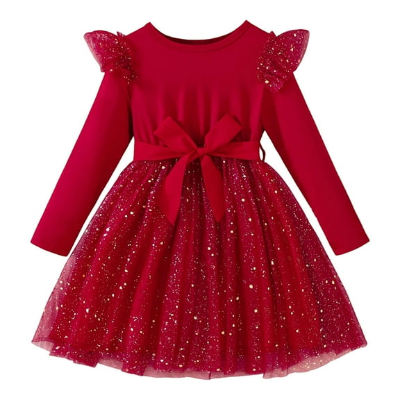 Rhuody Girls' Dresses Long Sleeve Party Dress With Starry Net Skirt Formal Gown Celebrations Elegant Simple Style Girl Clothes Red 6-7 Years