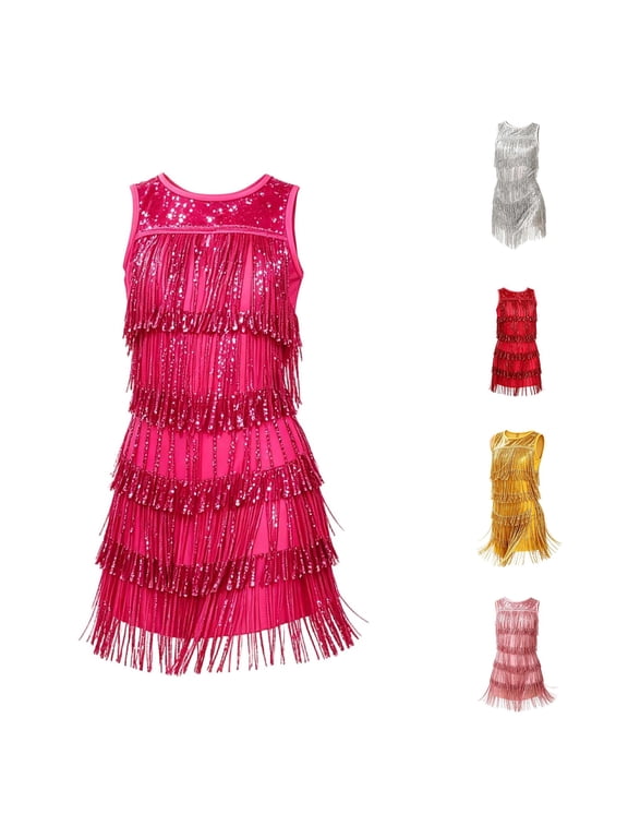 Girls' Dresses Sequin Layered Fringe Sleeveless Slim Fit Stage Performance Dress Adorable Playsuit