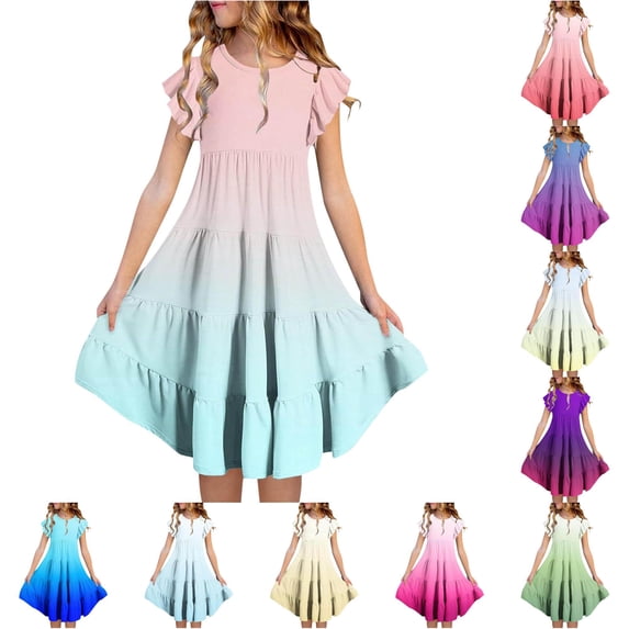 Rhuody Girls Dresses Summer Sleeveless O Neck Gradient Flowy Dresses Durable Playsuit