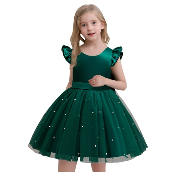 Rhuody Girls' Dresses Toddler Fly Sleeve Dresses Pearl Decoration Solid Color Bowknot Dress Child Lovely Back To School Outfits Green 5-6 Years