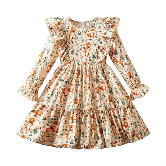 Rhuody Girls Fall Dress Long Sleeve Dress With Floral Tiger Print For Young Princesses And Wear Stylish Sweet Basic Daily Wear Yellow 2-3 Years