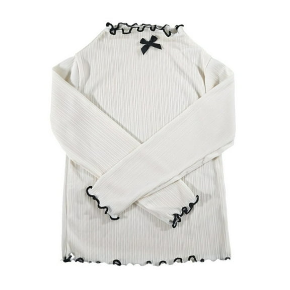 Rhuody Girls Fall T Shirt Short Sleeve Blouse With Bow Tie Detail And Ruffle Trim Crewneck Solid Color Tee Trend Basic Clothes Beige 2-3 Years