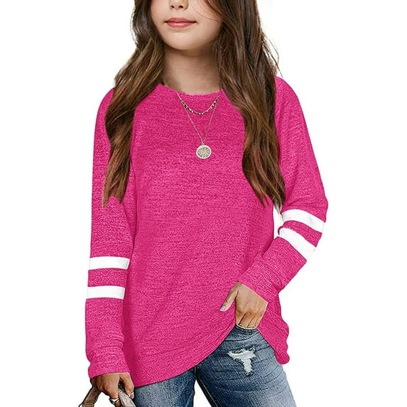 Rhuody Girls Fall T Shirt Short Sleeve Solid Color Kids Tunic Tops Crewneck Striped Pullover Sweatshirt Crewneck Tee Fashion Basic Wear Hot Pink 12-13 Years