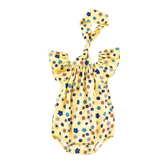 Rhuody Girls Onesies Round Neck Baby Summer Flying Sleeve Crawling Suit Flower Fruit Print Headband Going Out Versatile Clothing Yellow 12-24 Months