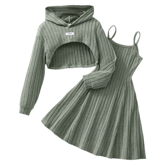 Rhuody Girls Outfits Ribbed Hooded Long Sleeve Top With Suspenders Pleated Dress Two Piece For Fall And Winter Seasons Green 10-11 Years