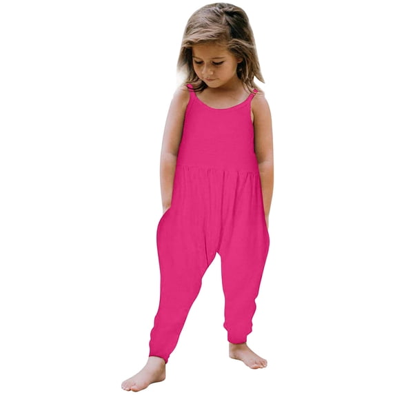 Rhuody Girls Romper Round Neck Toddler Girls Kids Baby Jumpsuit Backless Playsuit Sleeveless Strap Romper Summer Outfits With Pockets Simple Style Wear Hot Pink 3-4 Years