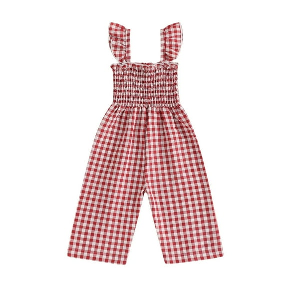 Rhuody Girls Romper Round Neck Toddler Girls Sleeveless Lattice Prints Tops Bottoms Jumpsuit Basic Wear Red 18-24 Months