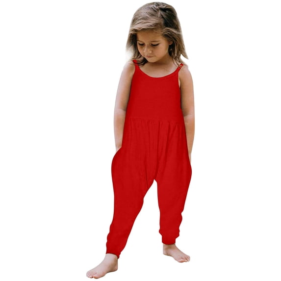 Rhuody Girls Summer Romper Round Neck Toddler Girls Kids Baby Jumpsuit Backless Playsuit Sleeveless Strap Romper Summer Outfits With Pockets Simple Style Playsuit Red 5-6 Years